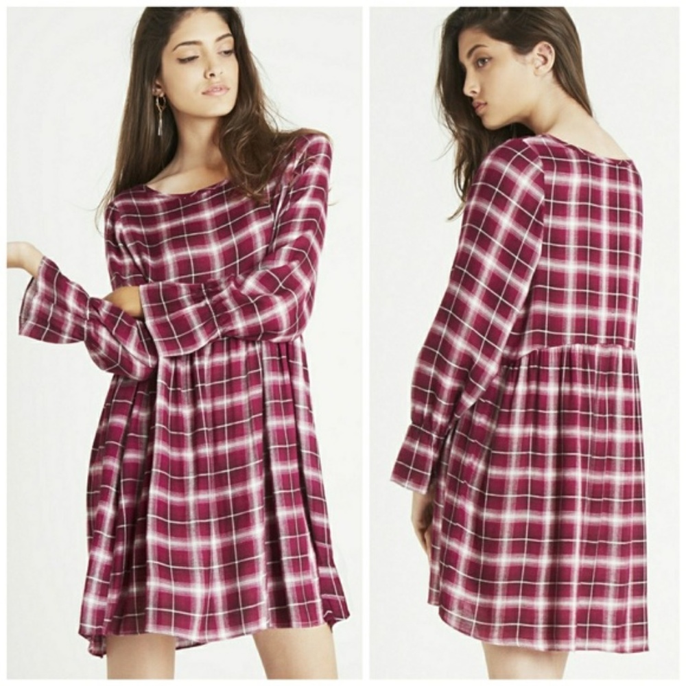 BCBGeneration Cranberry Plaid Babydoll Dress